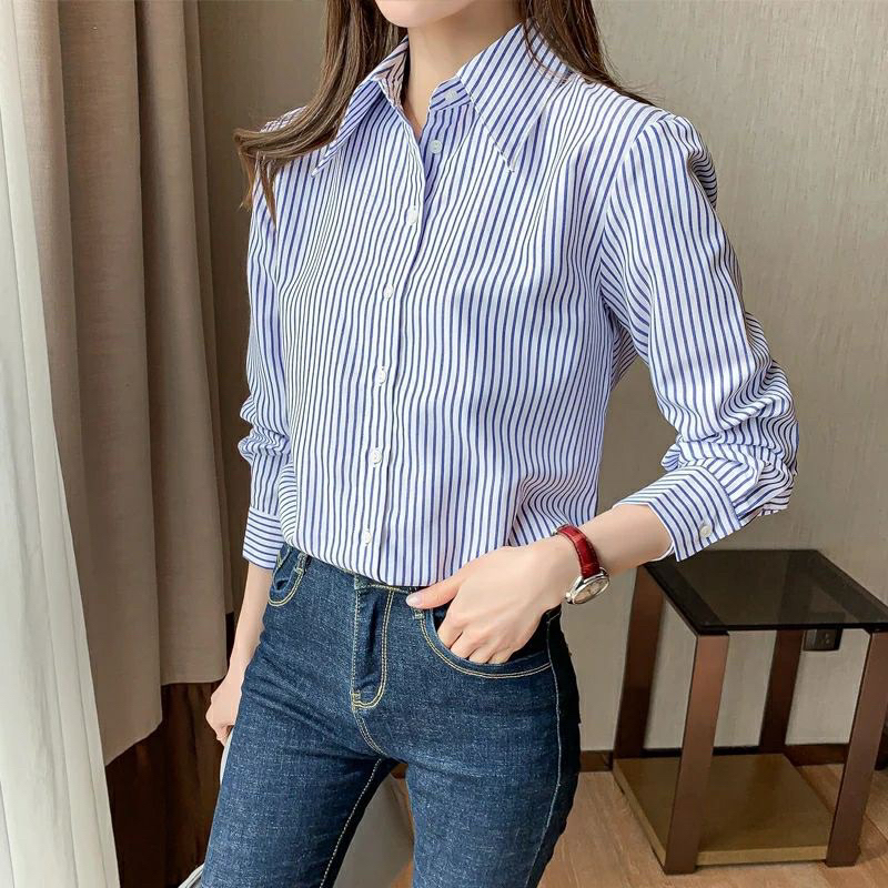 atasan kemeja wanita / kemeja salur lengan panjang