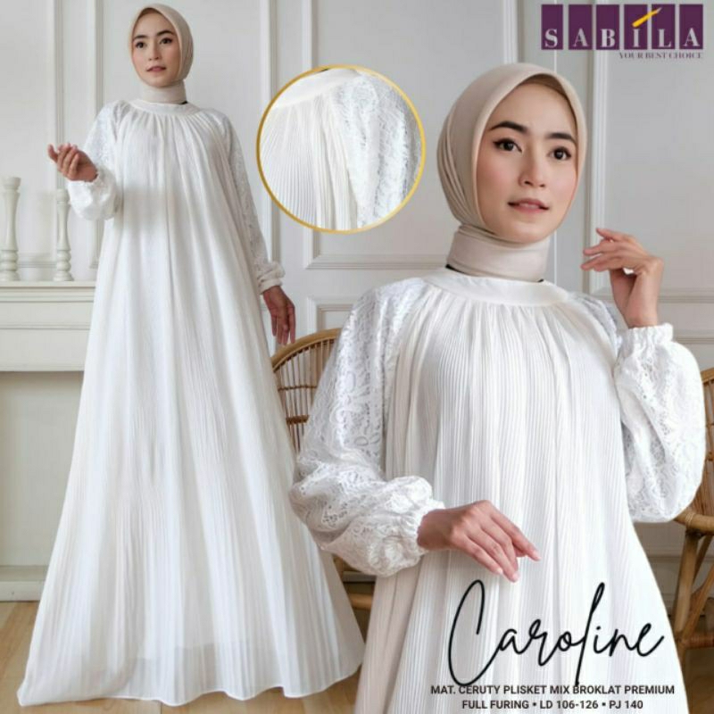Caroline Dress Abaya Plisket Putih by Sabila