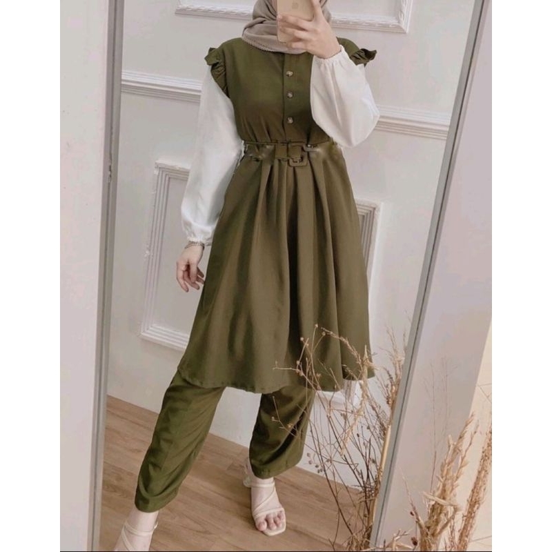 PROMO ONE SET STANDART L/XL - JUMBO XXL / MOSCREPE - RAYON / Malika One Set// One Set Terbaru Kekinian Moscrepe Wanita // FREE BELT TALI PINGGANG