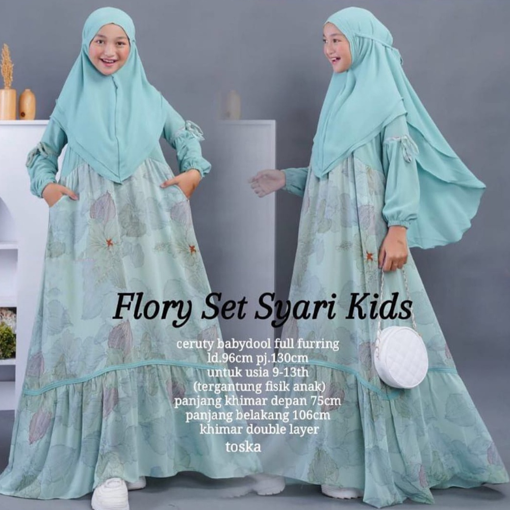 COD Flory Sett Syari Kids + Jilbab Usia 9-13th, Bahan Ceruty Babydoll Full Puring / Dress Anak Terbaru 2023 Gamis Cantik Anak Baju Anak Perempuan Kekinian Gaun Kidss Fashion Lebaran Anak Cewek Oufit Anak Perempuan