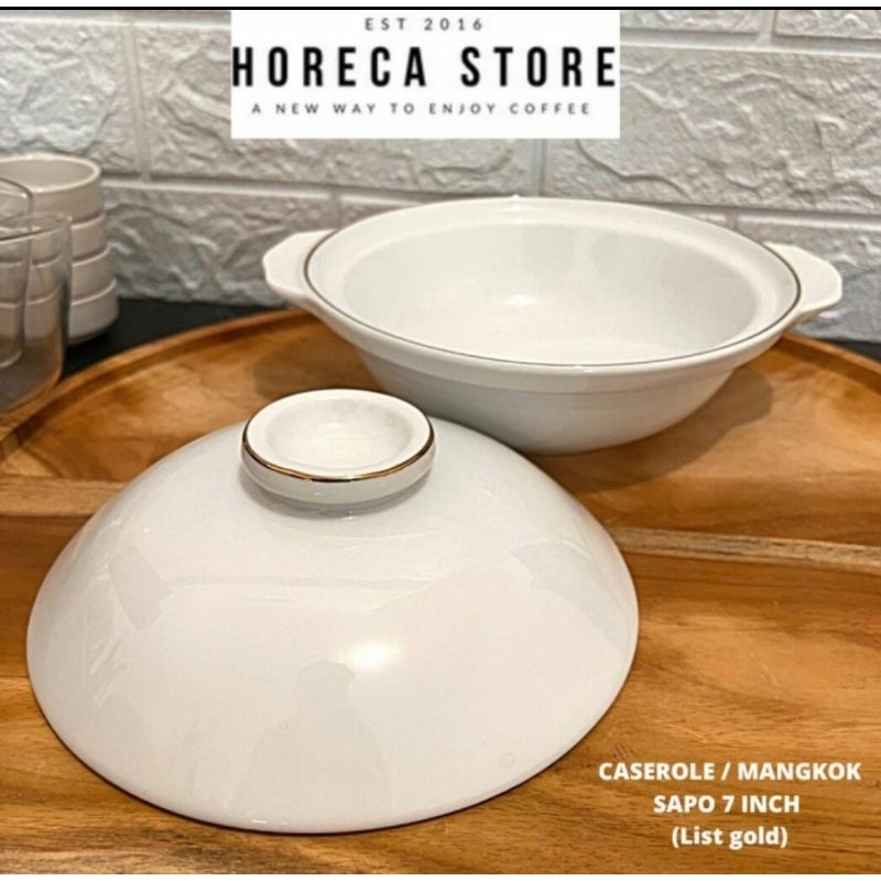 Mangkok Sapo Keramik 7 inch Putih List Emas / Claypot Bowl / Mangkok Saji Piring Sapo Bubur Kuah Oba