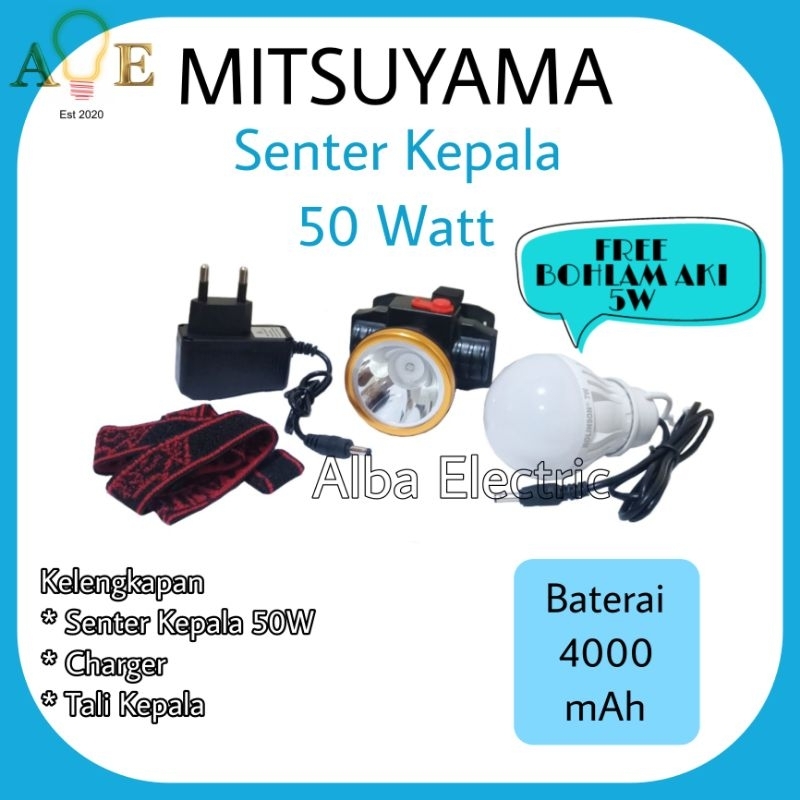 Senter Kepala 50 Watt RL178P Rolinson 4000 mAh Cahaya Putih Terang Free Bohlam 5 Watt Putih