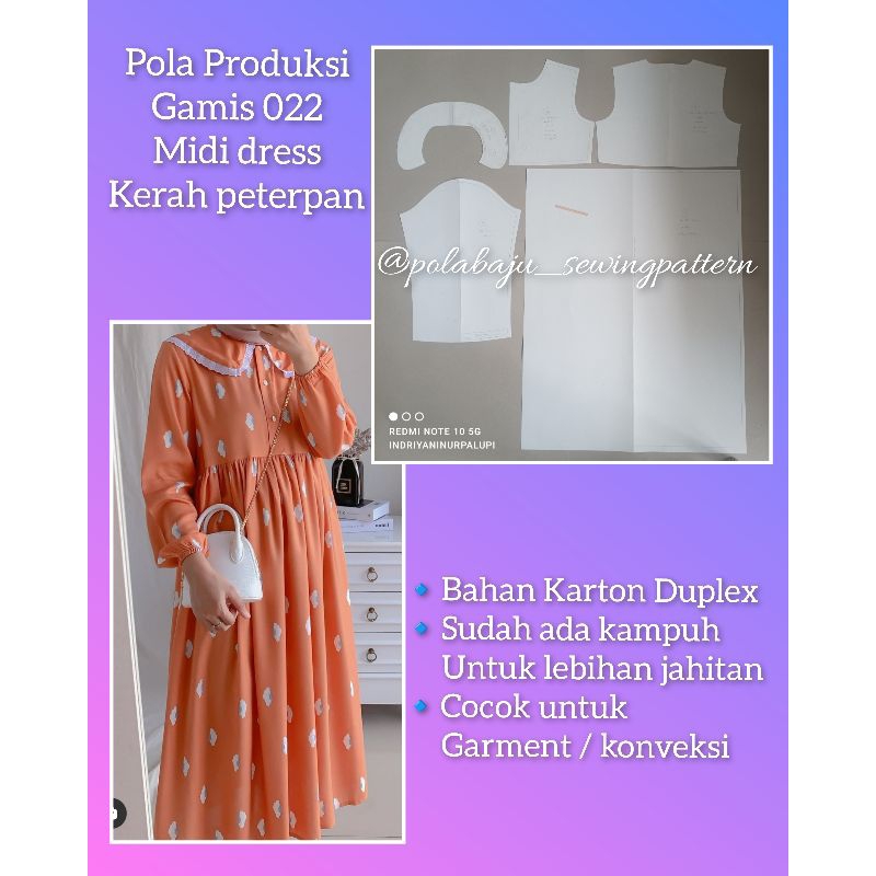 [ Bisa COD ] POLA PRODUKSI GAMIS MIDI DRESS 022 kerah peterpan rebah - Pola Baju Instan - Midi dress Sewing Pattern