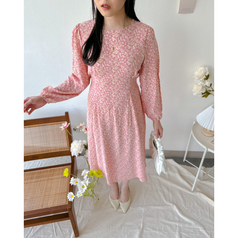 KANON - Hanami Floral Dress - Dress midi pantai/musim panas vintage motif bunga korean look