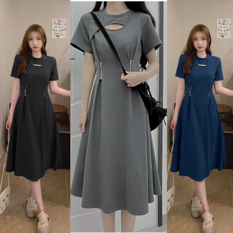dress dola ziper kaos tebal hn/pakaian wanita midi dress polos selutut