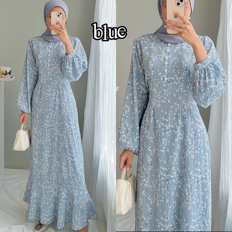 SHAKIRA DRESS | GAMIS MOTIF BUNGA KATUN FLOWER CRINKLE JUBAH ABAYA LEBARAN-blue