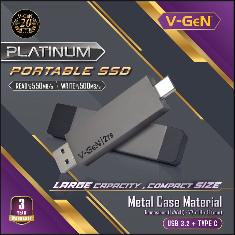 SSD PORTABLE V-GeN Platinum 1TB USB 3.2 + TYPE-C Vgen USB Type C