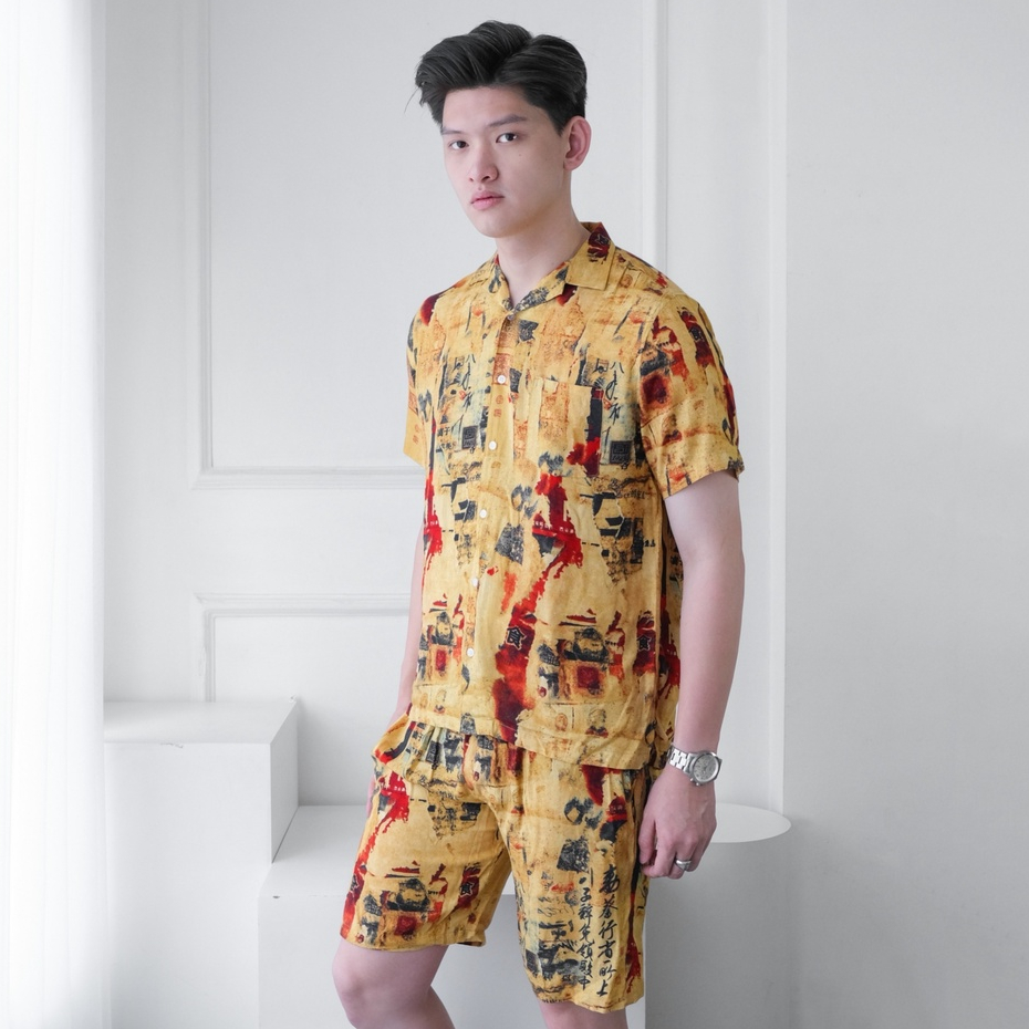 SANVANINA Set Kemeja Hawaiian Motif Relief | Kemeja Oneset | Piyama Pria | One Set Rayon | Hawaian Set EB-19