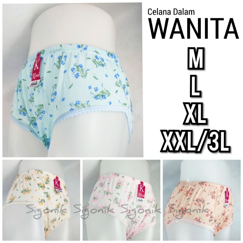 CD Celana Dalam Wanita Dewasa Remaja KIRANA M L XL XXL 2XL 3L Karet Kerut Motif Bunga Sablon Katun Polyester Koas TIPIS PE Adem Nyaman Murah Grosir Cawet Cewek Perempuan Kurus Warna Soft Pastel Dalaman Mid Midle High Waist Sigonik