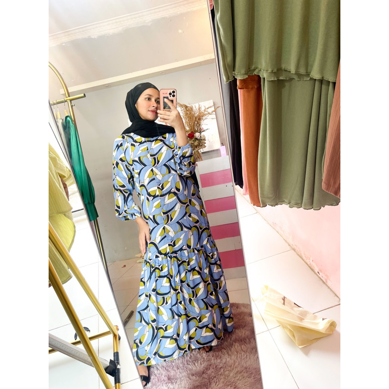Maxi dress abstrak / gamis lebaran abstrak blue