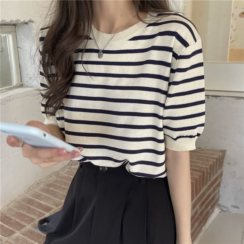 Korean Style rajut lengan pendek wanita retro kasual Knit stripe T-shirt