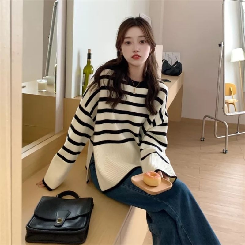 Haruu Knitt Oversize Sweater Wanita Style Korean Oversize Garis Korea Atasan Wanita