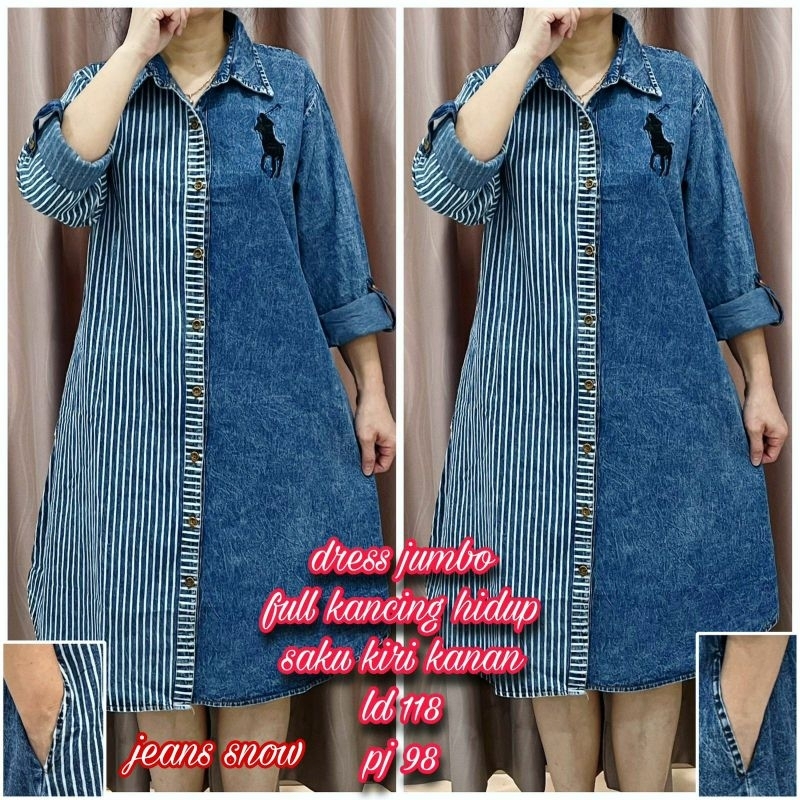 RB4 Dress tunik jeans kombi jeans salur bordir, jumbo 3L, 4L, dan 5L, ada saku, kancing hidup, ada