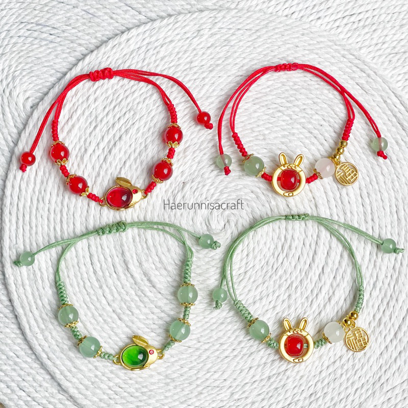 Gelang Tali Kepang Design Liontin Kelinci Batu Giok Keberuntungan