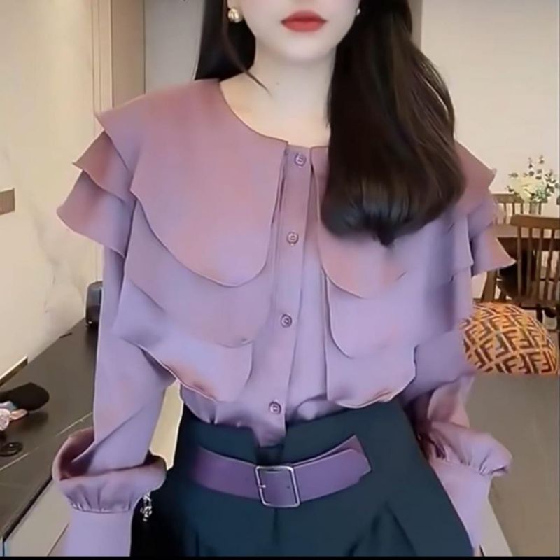 8400 Baju atasan kemeja kerah susun rempel lengan panjang ungu hitam coklat polos Korea Korean style