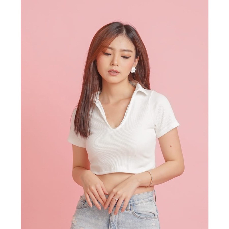 Crop Top Kerah V Korea Knit Sexy Korean Style Kaos Kerah Wanita Polo Shirt Rajut Tebal