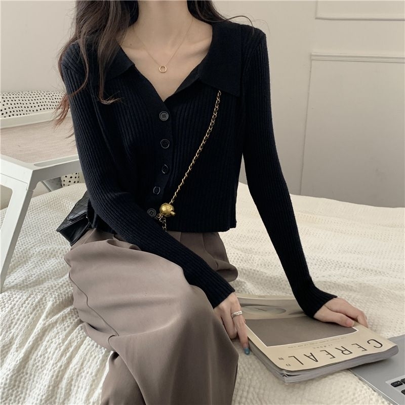 Atasan Rajut Wanita Import Poloshirt Knitwear Fashion Korean Crop Long Sleeve Knit Top Atasan Crop Atasan Korean Style Wanita