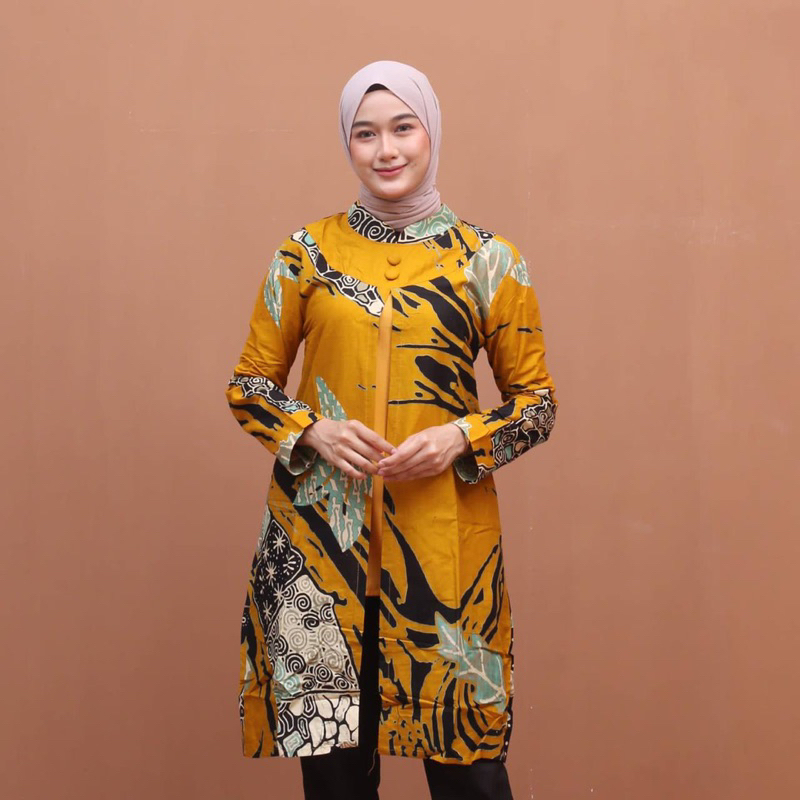 Atasan Tunik Batik Couple Kemeja Batik Pria Lengan Panjang Motif Abstrak Kuning Furing