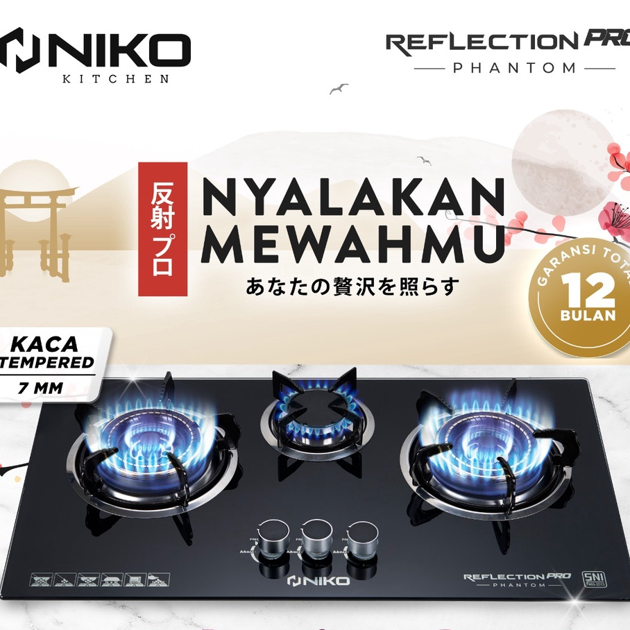 Kompor tanam kaca Niko 3 tungku Reflection PRO Phantom hitam