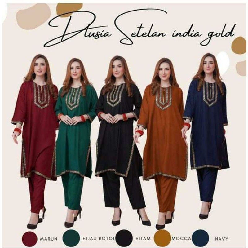 SETELAN INDIA GOLD POLOS BAJU MUSLIM WANITA STYLE ARAB RENDA BAJU LEBARAN MURAH HITAM NAVY MARUN HIJ