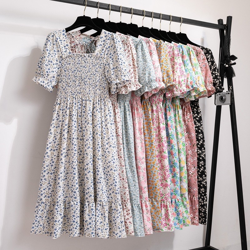 RD FASHION - SMOCKED DRESS / Gaun musim panas kasual baru Lengan pendek smocked dress lipit bunga dengan dasi belakang / gaun kasual A-line gaun smocked berlipat bunga lengan pendek