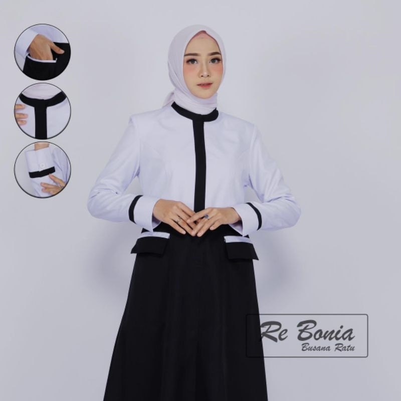 Gamis re bonia/gamis Hipu/gamis putih hitam