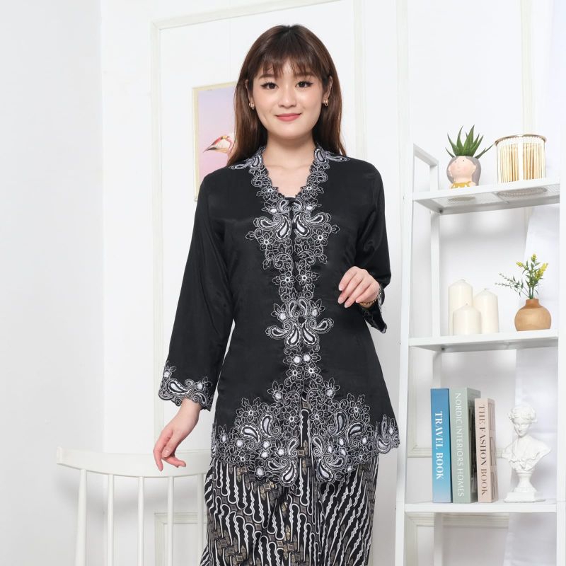 Kebaya encim modern katun silky Korea kombinasi brukat bordir body lengan panjang