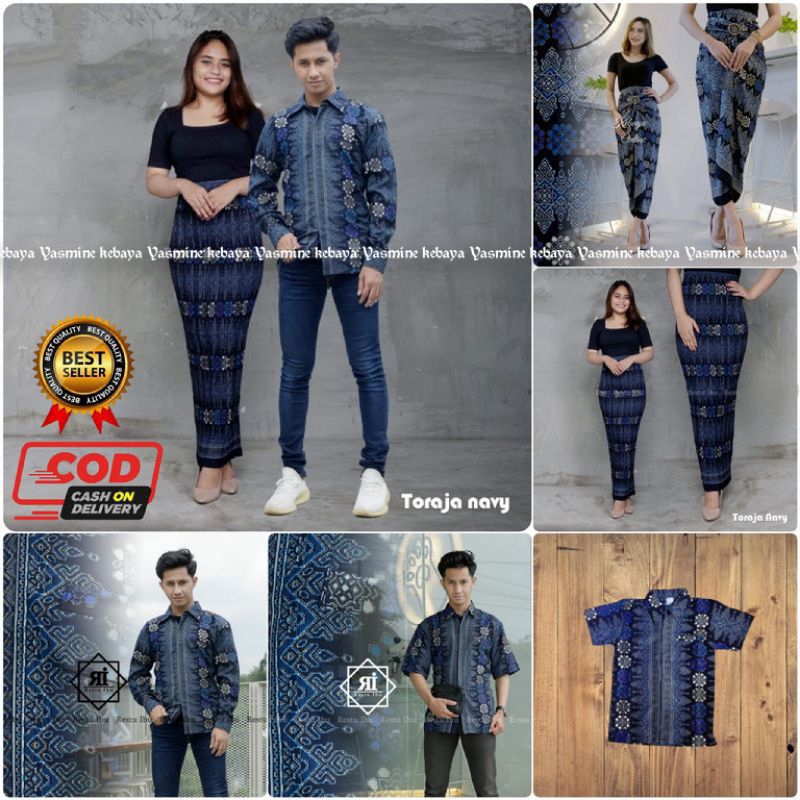 Couple Rok Plisket Dan Lilit Jumbo Set Kemeja Batik Pria / Baju Batik Couple Motif Toraja Navy / Cou