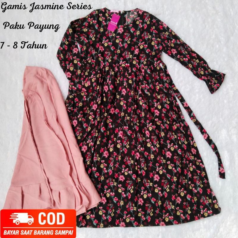 GAMIS LEBARAN HITAM MOTIF BUNGA ANAK REMAJA CEWEK USIA 7-8 TAHUN DRESS MUSLIM BAHAN KATUN JEPANG SET