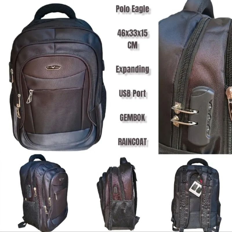 Tas Ransel Laptop POLO EAGLE / Tas Ransel import 18 Inch bisa expanding ORI - USB PORT