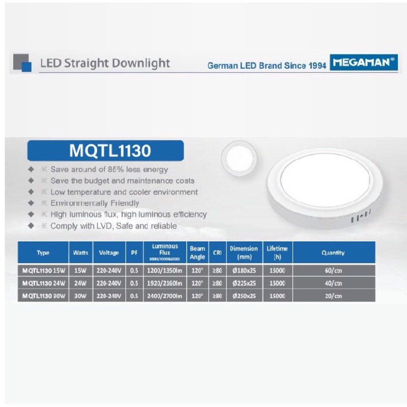 Megaman Lampu Donwlight Outbow MQTL1130 24W 6500K / MQTL3001 30W 6500K