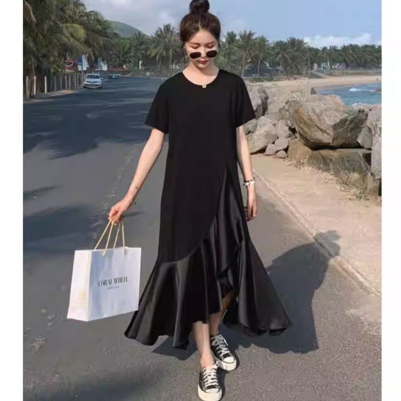81210 Three M Baju mididress DROP WAIST Midi dress bawah rempel ruffle hitam hijau polos dres Korea 
