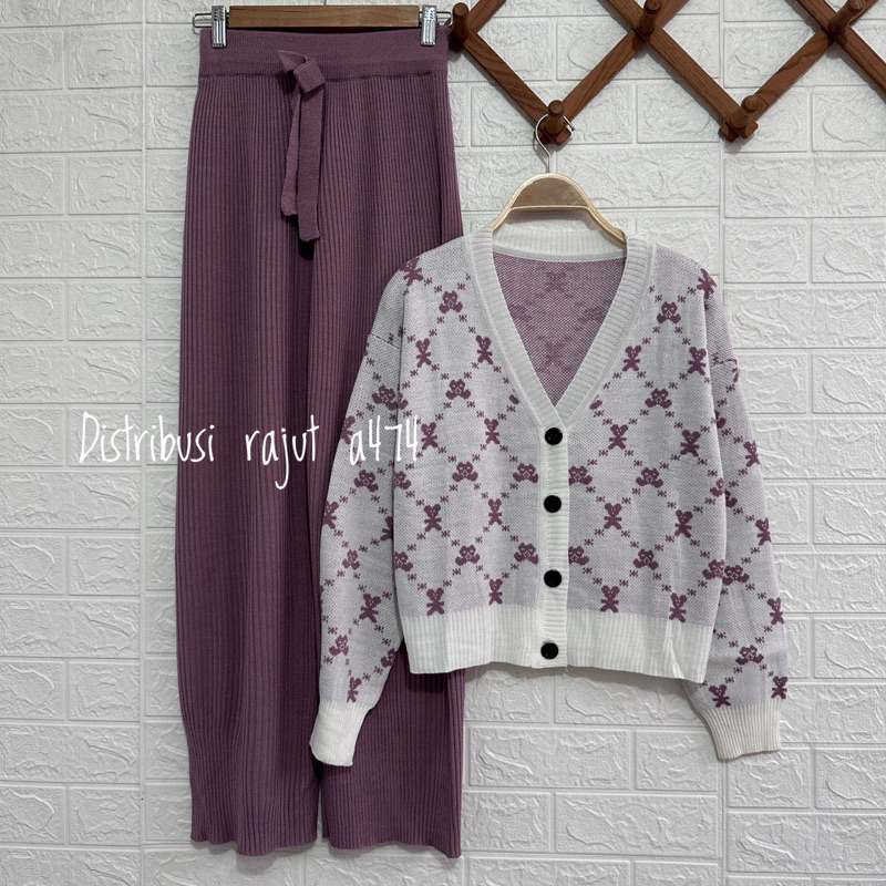 ONESET CARDIGAN RAJUT MLB MONOGRAM SETELAN CELANA KULOT JOGER WANITA