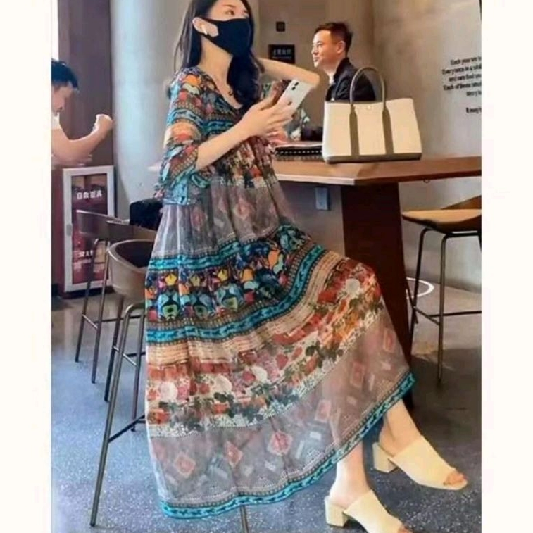 1682 (Set2in1 Set INNER) Baju mididress FLORAL VNECK MIDI DRESS Lengan pendek etnik dres Korea Korea