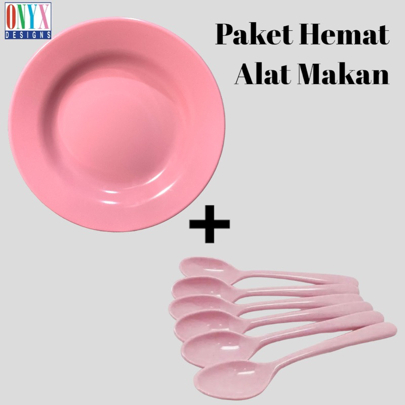 Paket Hemat Alat Makan Piring 9 inch 1pcs dan Sendok 6pcs PINK by ONYX SEIV MELAMIN / Piring dan Sendok Melamin ONYX