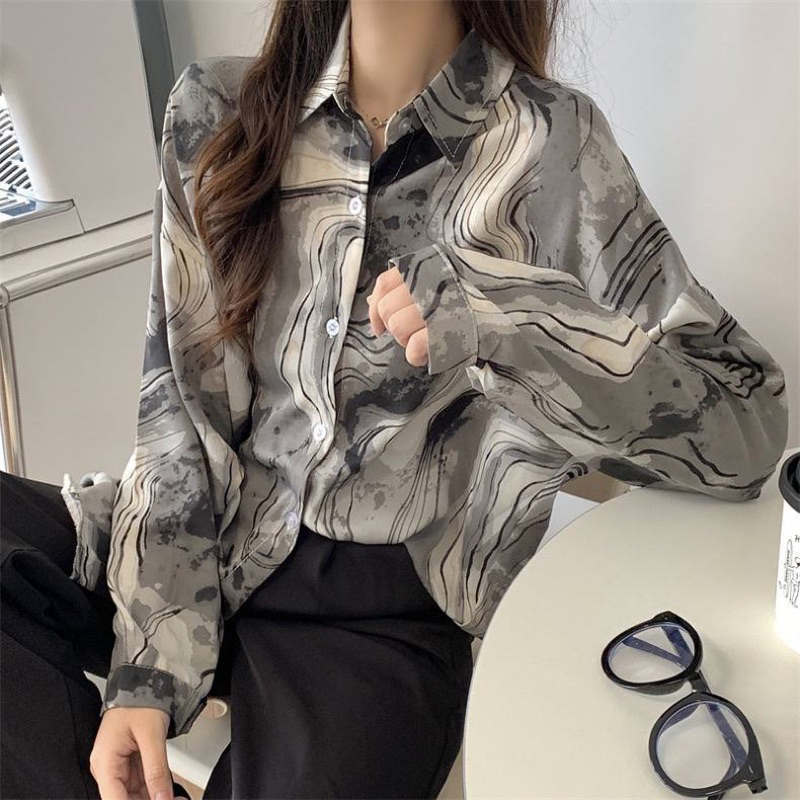 Noir Kemeja ala Korea Motif Marble Percikan Tinta / Baju Atasan Import Model BKK