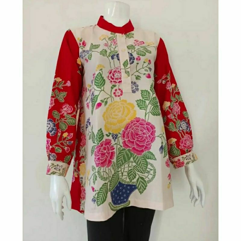 atasan batik wanita modern motif encim warna merah putih