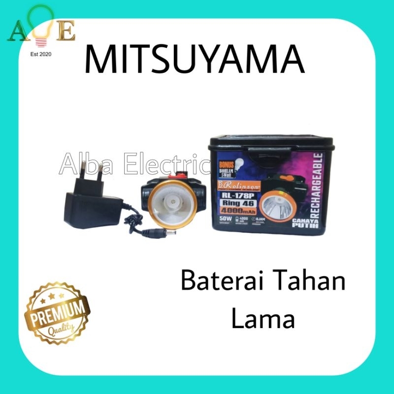 Senter Kepala 50 Watt RL178P Rolinson 4000 mAh Cahaya Putih Terang Free Bohlam 5 Watt Putih
