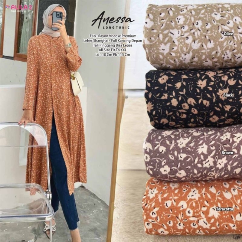 ANESSA LONG TUNIC BY ALILA TOP ATASAN BLOUSE TUNIK WANITA MUSLIMAH MOTIF BUNGA BAHAN RAYON VISCOSE P