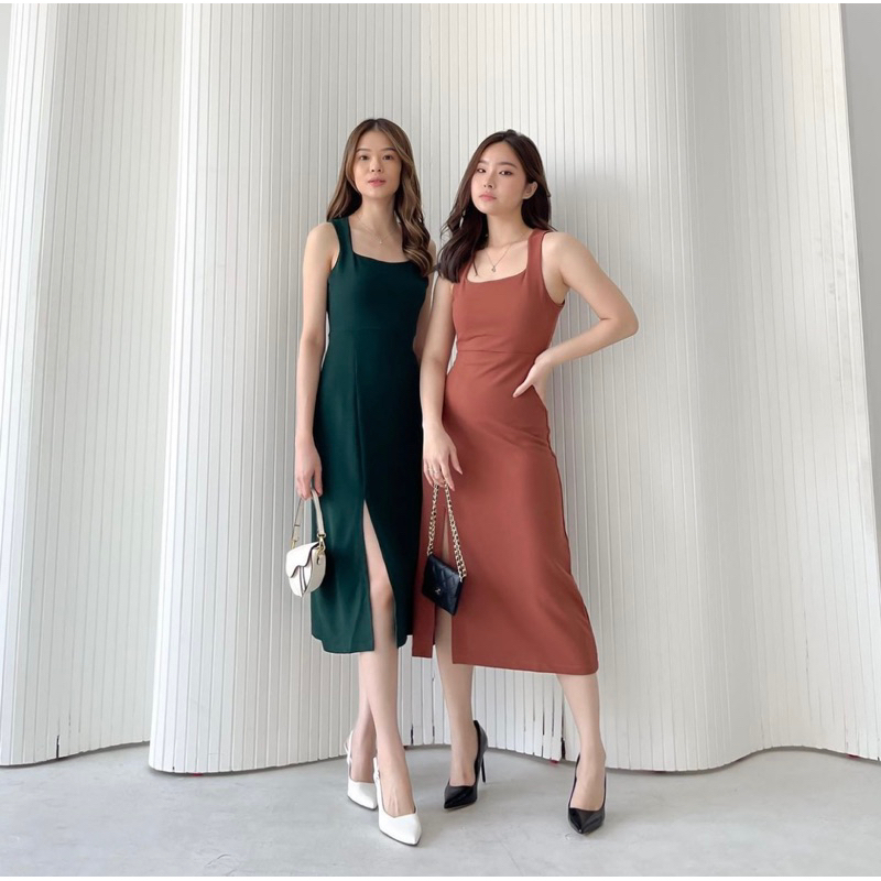 ELODIE BODYCON DRESS WITH SLIT KOREA - DRESS PESTA SEXY - MIDI DRESS KONDANGAN - GAUN FEMINIM WANITA - PREWEDDING DRESS - HADIAH / KADO ULTAH CEWEK