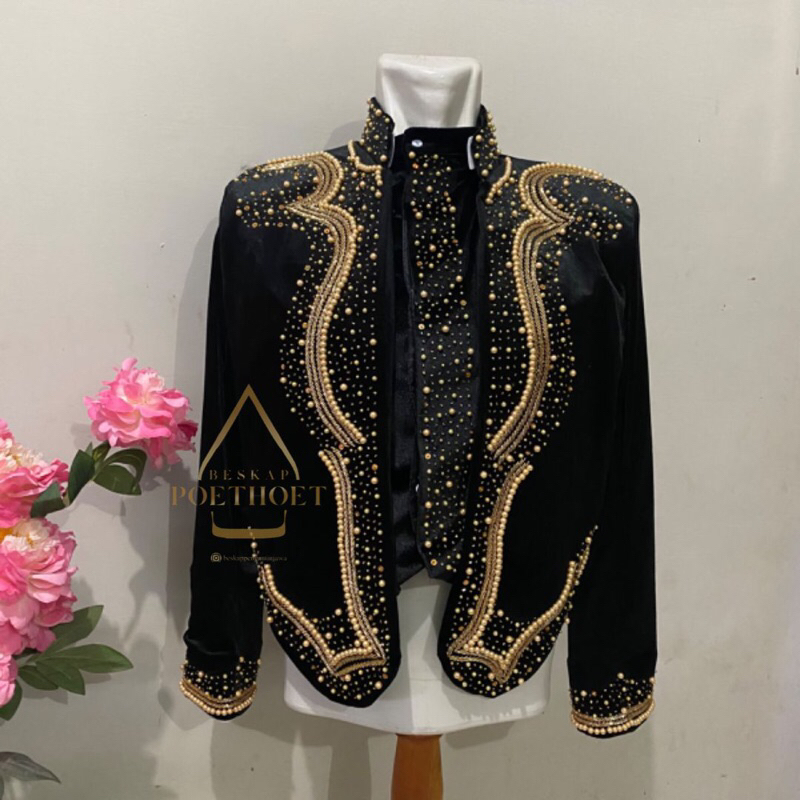 Beskap bludru adat Jawa modern simple elegan hitam payet gold free selop pria wanita