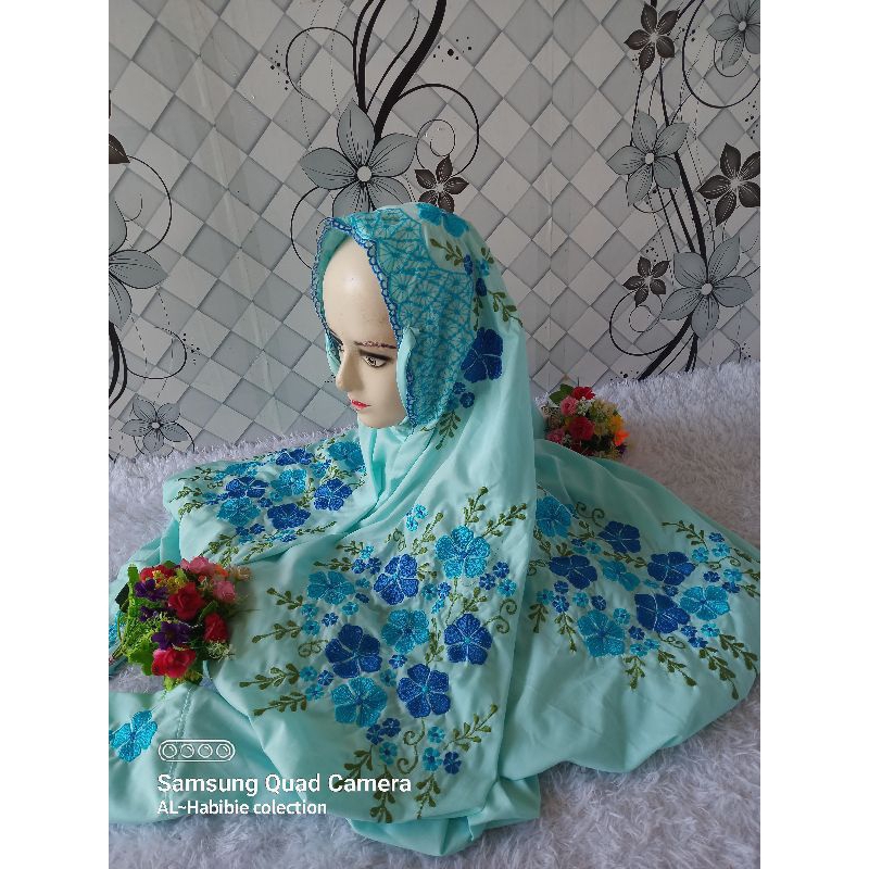 mukena polino silk warna biru laut/biru tosca