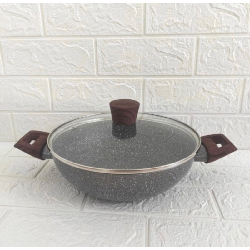 cypruz wajan kuali 28cm wok induksi listrik tutup kaca ceramic marble