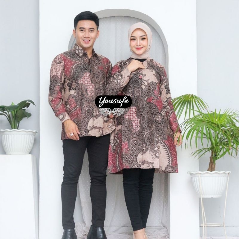 Couple Keluarga Batik Pria Lengan Pendek Panjang Tunik Blouse Baju Pernikahan Hajatan Seragam Warna Dusty Pink Kombinasi Cream Krem Nyaman Halus Mahkota Pink 01023