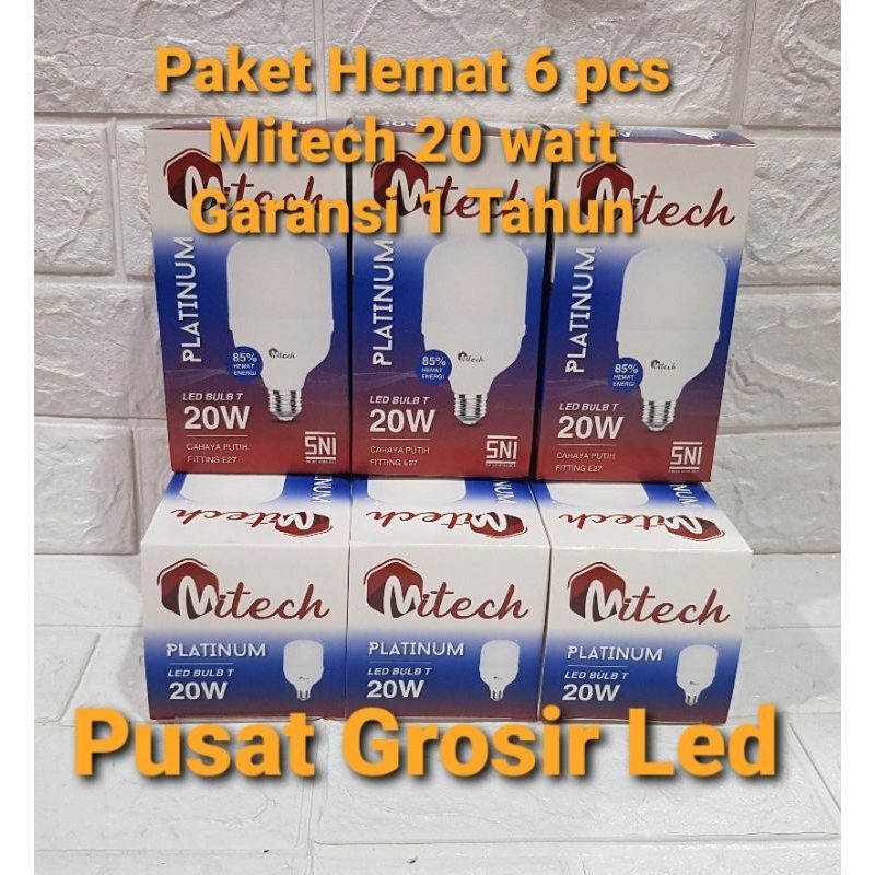 Paket Hemat 6 pcs Mitech Platinum 20 Watt Cahaya Putih Lampu Led T Bulb Bergaransi 1 Tahun