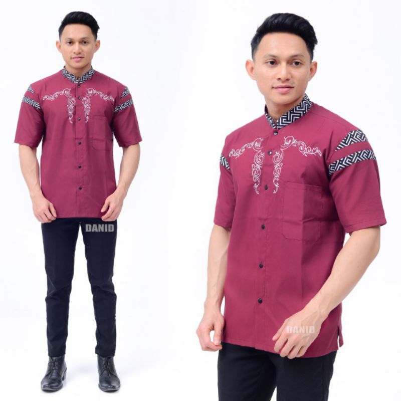 BAJU KOKO KURTA KOMBINASI BORDIR BATIK FASHION PRIA DEWASA LENGAN PENDEK