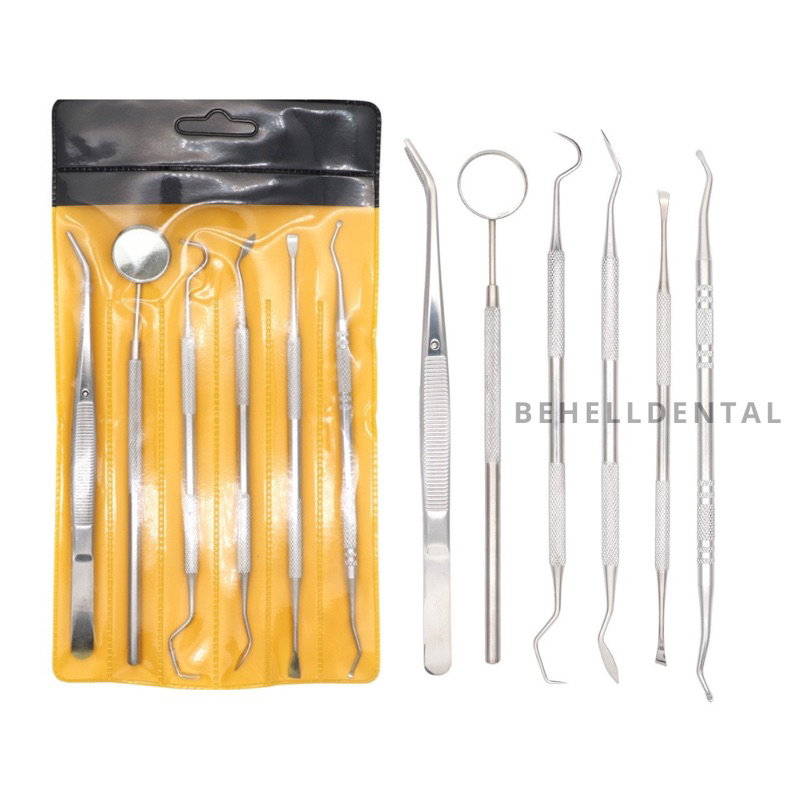 Set Isi 6 Alat Penghilang Plak Karang Tartar Gigi Behelldental / Alat standart dental diagnostic diagnostik kit set pembersih karang gigi isi 3 standar kaca mulut pinset tweezer sonde halfmoon stainless dokter gigi / Dental Oral Care Isi 3 / 4 / 5 / 6