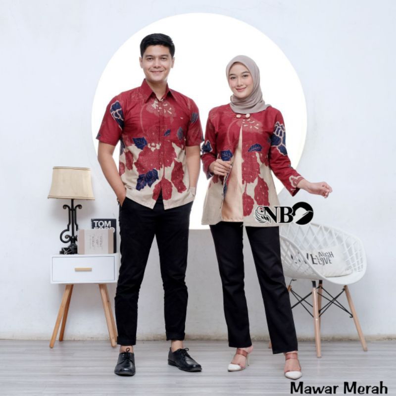 COUPLE TUNIK KEMEJA MAWAR MERAH  BATIK COUPLE MODERN BATIK TRENDING INTERNATIONAL COUPLE