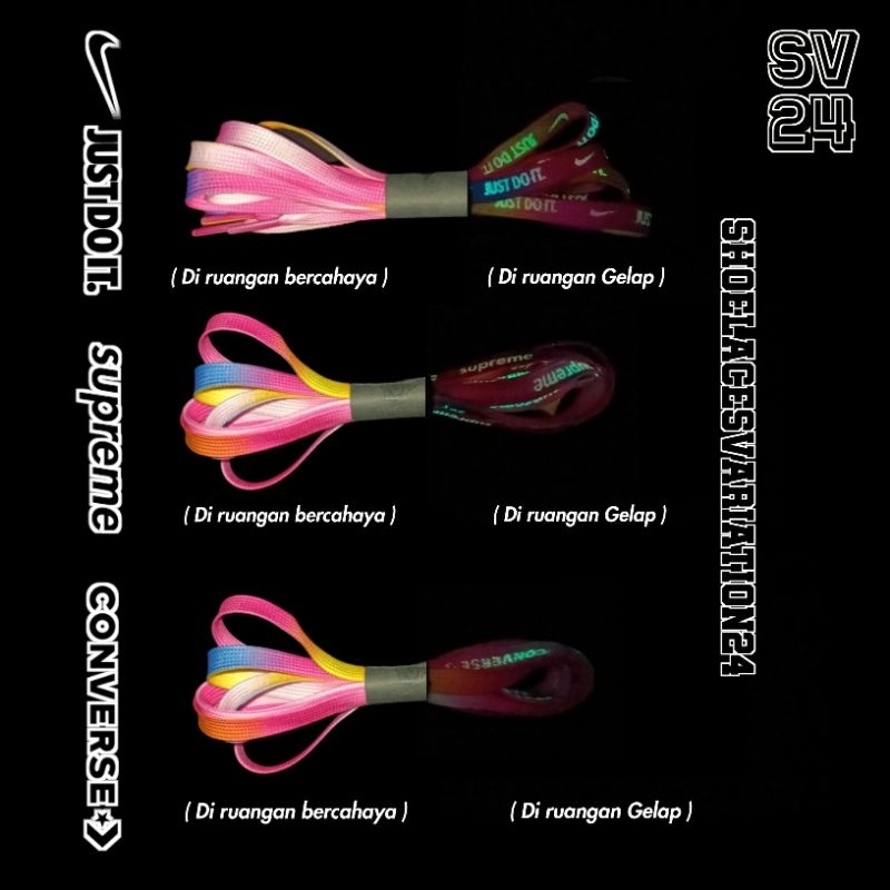 Tali sepatu pinky rainbow glow in the dark(menyala di kegelapan) supreme, nike, converse