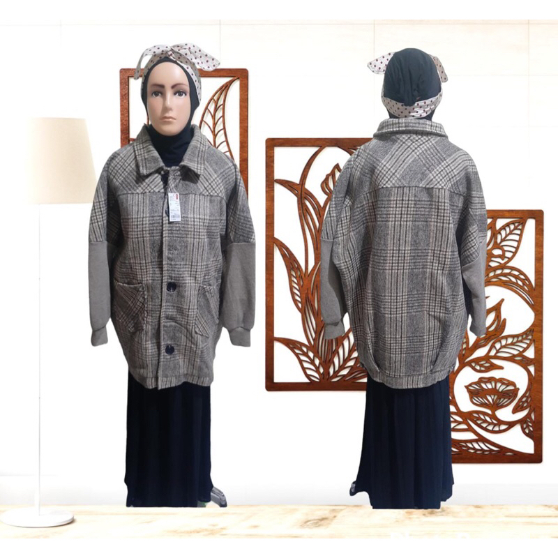 COAT WOLL HOODIE HOUNDSTOOTH PRIA/ WANITA